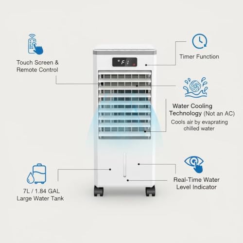 Portable Evaporative Air Cooler Fan - 7L (1.84 Gal) Water Tank, 3 Speeds & Modes, Touch Display & Remote, Auto Swing, LED Display, Ice Packs, Casters - for Bedroom Office Home, Whi image 3
