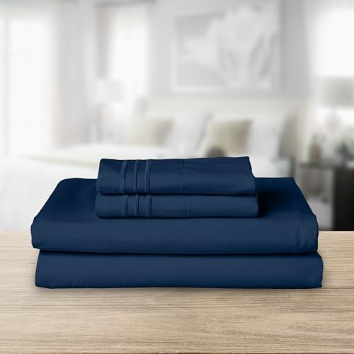 Image of Elegant Comfort Luxurious 1500 Premium Hotel Quality Microfiber Three Line Embroidered Softest 4-Piece Bed Sheet Set, Wrinkle and Fade Resistant, Full, Navy Blue
