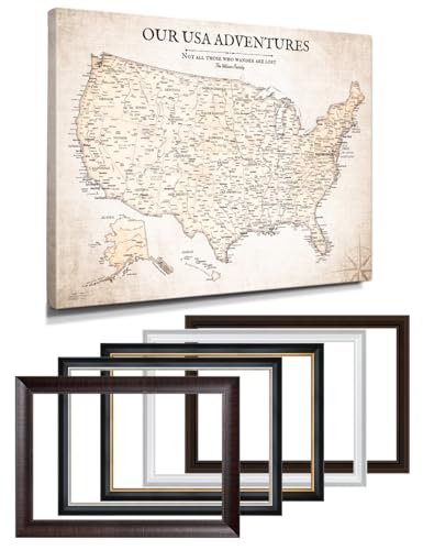 Image of IPIC - Custom USA Map Canvas Wall Art, Personalized Push Pin Travel Map with Name and Message for Travel Lovers, Oversized Pinnable Wall Decor for Home, Office, Study or RV