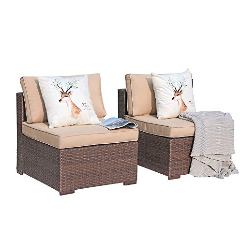 Patiorama 2-Piece Patio Armless Chair, Outdoor Loveseat, All-Weather Wicker Sectional Sofa Chair, Additional Chair for Furniture Set, Brown Rattan Beige Cushion for Garden Pool Porch