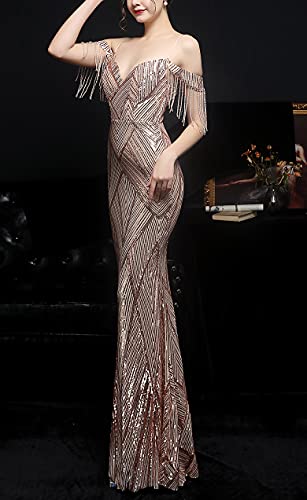 Women's V-Neck Off-Shoulder Sequins Tassels Mermaid Evening Dress3
