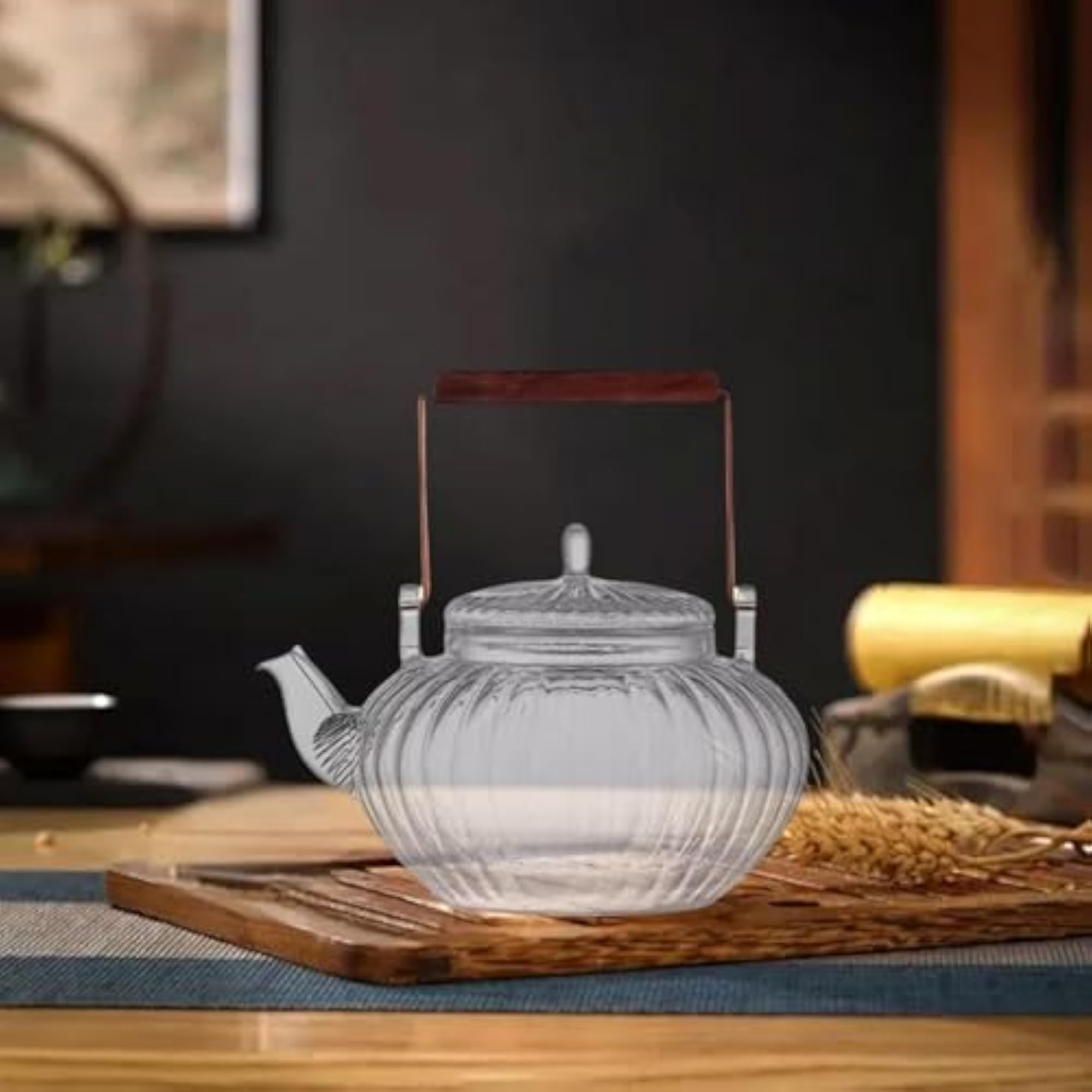 Glass Teapot Kettle with Wooden Handle, 600ml for Home
