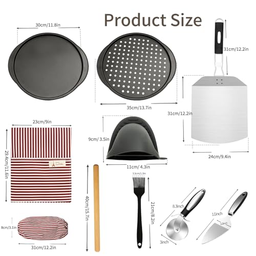 AOFUXTI Pizza Kit for Homemade Baking, 12in Perforated and Non-Perforated Pizza Pan Set with Stainless Steel Pizza Peel 12x9in, Dough Roller, Cutter, Apron, Baking Mat, Ideal for Oven Cooking at Home