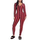 Women's V Neck Long Sleeve Jumpsuit Bodycon One Piece Pajamas Bodysuit Romper Sleepwear (Red-Plaid, L)