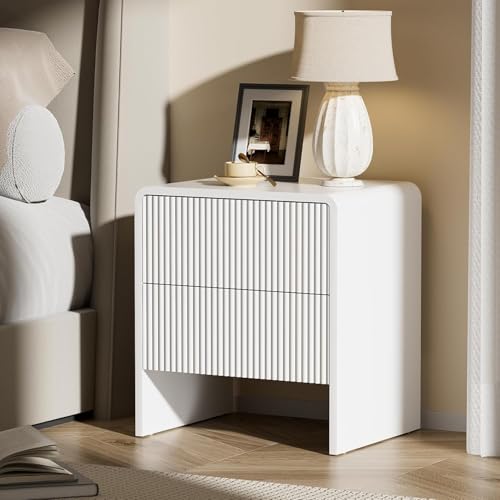 Image of Furniway 3 Piece Bedroom Dresser Set, 5 Drawer Dresser with 2 Nightstands, Fluted Chest of Drawers with Pop-Up Design, Modern Storage Furniture for Bedroom, Living Room, Entryway, White