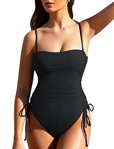 Firpearl Black Bandeau One Piece Swimsuit Ruched Slimming Tube Top Swimwear Strapless Bathing Suits Us12 #TOP2