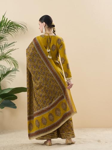 Image of MOKOSH Women's Cotton Print Anarkali Kurta Sharara with Dupatta | Anarkali Kurta Set | Queen Anne Neck Full Sleeve Ethnic Suit | Floral Kurta 3 Colour Option Available | 3 Piece Outfit