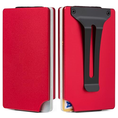 Image of Minimalist Wallet for Men, Slim Metal RFID Blocking Wallet Credit Card Holder Money Clip & Cash Strap, Scratch-Resistant Holds 15 Cards,Ideal Gift for Men | Matt Red
