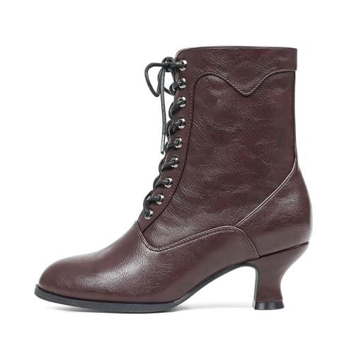 Image of Women's Victorian Ankle Boots - Mid Calf, Round Toe, Black Boots with Chunky Heel & Lace Up Detail