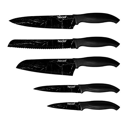 Hecef Marmer Patroon Keuken Mes Set van 5, Hoge Kwaliteit RVS Blade met Ergonomisch Handvat (PP+TPR Materiaal)Inclusief Santoku, Chef, Brood, Utility en Paring Mes