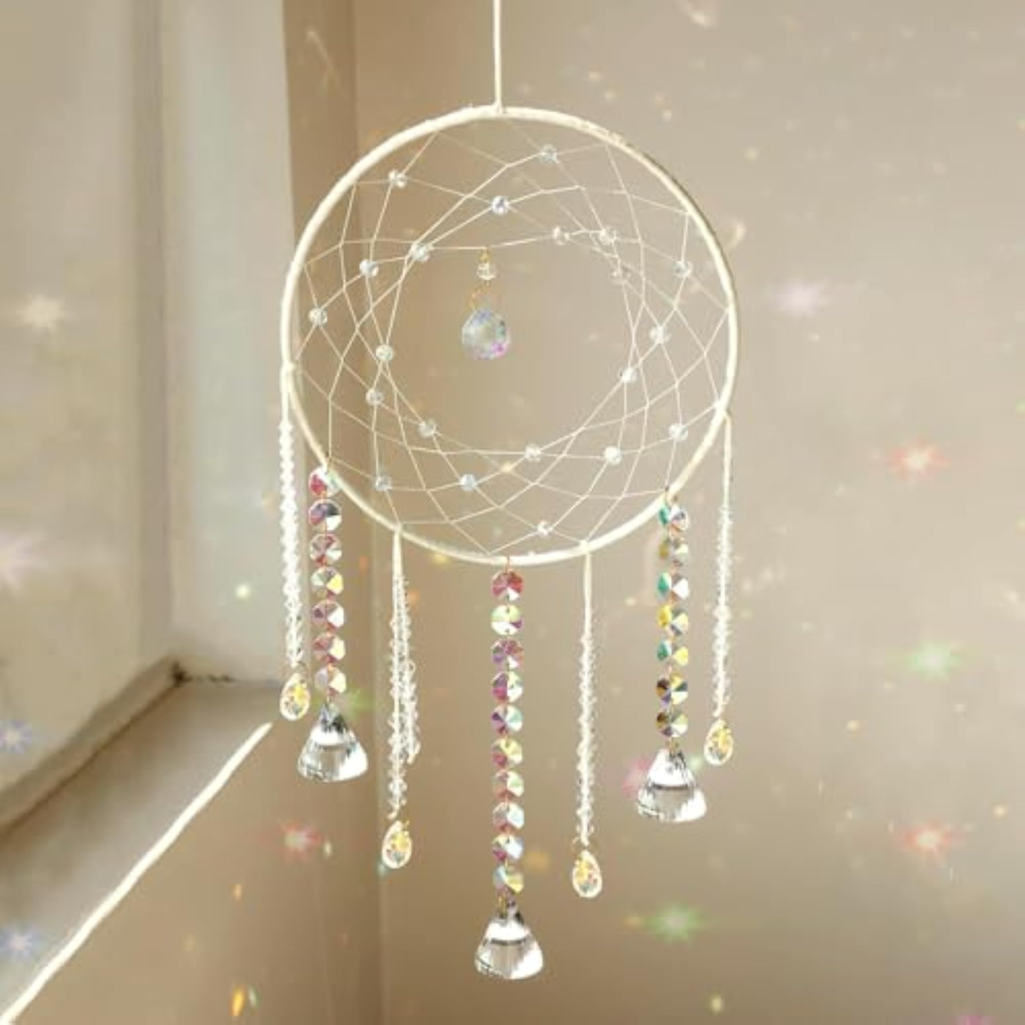 Crystal Dream Catcher Wall Hanging, White Boho Decor