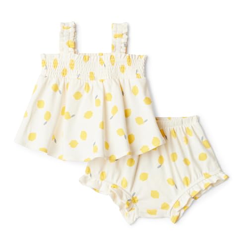 Amazon Essentials Unisex Babies x Sofia Grainge Baby Girls Cotton Interlock Top and Bottoms Set Ivory Lemon 6-9 Months