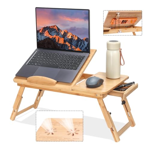Bureau réglable en bambou pour ordinateur avec ventilateur pliable pour lit
