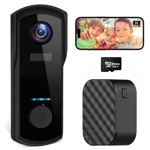 oolong 2K Wireless Video Doorbell Camera with Chime,2.4Ghz WiFi Video Doorbell,Two-Way Audio,IP65 Waterproof,AI&PIR Motion Detection,Night Vision,Anti-Theft Alarm,Cloud Storage,Free 64GB SD Card