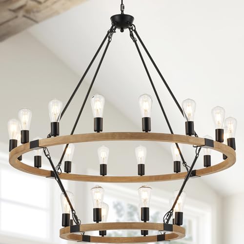 brfaixla 2-Tier Wagon Wheel Chandelier 24-Light Black Metal