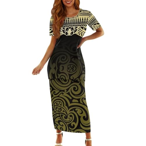Women's Samoa Polynesian Puletasi 2 Piece Set Plus Size Women's Dress Short Sleeve Crop-Neck Ladies Dresses