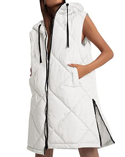 Maxwinee Lange Weste Damen Leichte Steppweste mit Kapuze Warm Übergangsweste Ärmellos Winterjacke Cover