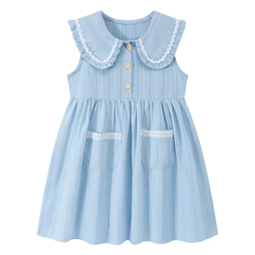 HILEELANG Baby Girl Easter Peter Pan Collar Dress Sleeveless Cotton Casual Light Blue Beach School Playwear Sundress 18-24M