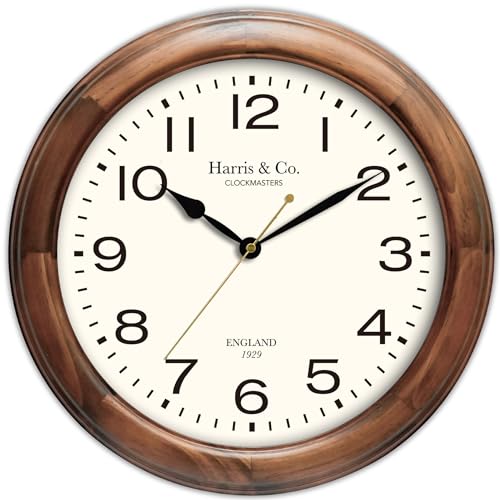 HARRIS & CO. CLOCKMASTERS Orologio da parete di lusso, stile vintage, design classico, telaio in legno teak scuro e vetro trasparente HD, modello Old Compton Street, 35,6 cm