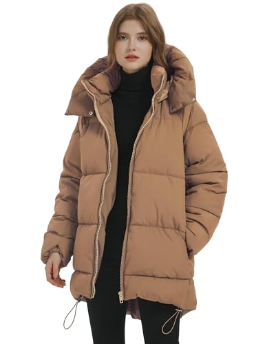 PEHMEA Women Mid-Length Puffer Hooded Jacket Winter Padded Warm Coat