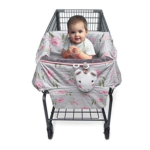 Boppy Shopping Cart and High Chair Cover—Preferred | with Integrated Storage Pouch | 2-Point Safety Belt | Wipeable, Machine Washable | 6-48 Months | Pink Flowers on Stripes with Attached Unicorn Toy