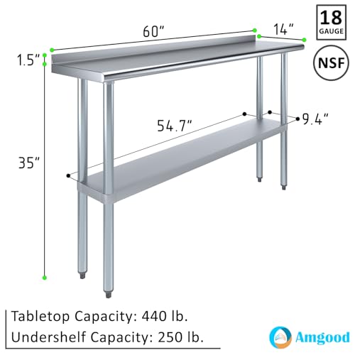 Image of AmGood Stainless Steel Work Table with 1.5 inch Backsplash | Metal Kitchen Food Prep Table | NSF (60 inch Long x 14 inch Deep)