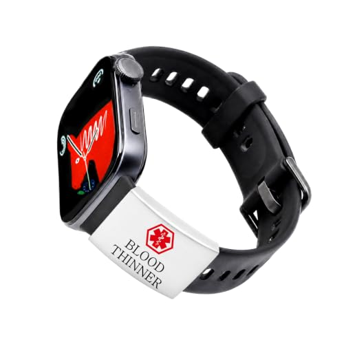 Vivaday Medische ID-horlogebandtag voor Apple Watch en smartwatch-bandjes, roestvrijstalen medische waarschuwingsplaat, vooraf gegraveerd, gepersonaliseerde en QR-code-opties (wit, bloedverdunner)