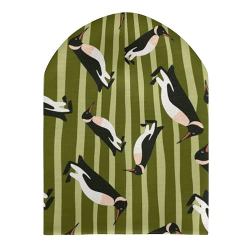 Cute Penguin and Green Stripe Pattern Kids Beanie Hat for for Girls Boys Children Cap Winter Knitted Chemo Cancer Headwear Accessories Gifts Decoration3