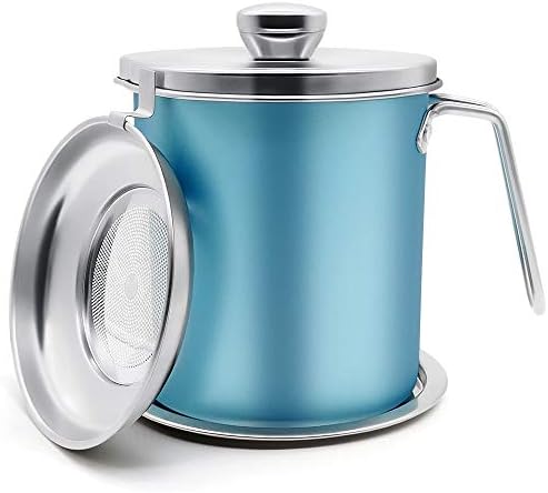 Bacon Grease Container, 2L Stainless Steel Oil Storage Can Container with Strainer, Suitable for Kitchen Cooking or Frying Oil Keeper and Storage, Blue