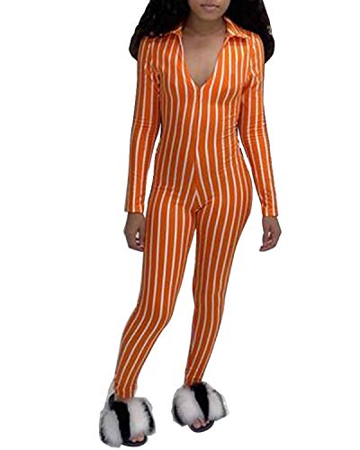 BIUBIU Women's Sexy Zip Up Striped One Piece Outfits Deep V-Neck Long Sleeve Bodycon Party Clubwear Jumpsuit Romper (S, Orange)