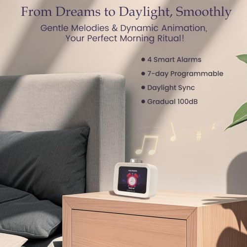 Dekala Alarm Clock for Bedrooms, 4 Alarms, 7-Day Programmable Loud Digital Clock for Heavy Sleepers with White Noise, Temperature & Humidity Display, IPS Animated Screen, Hourly Chime, White - Image 3