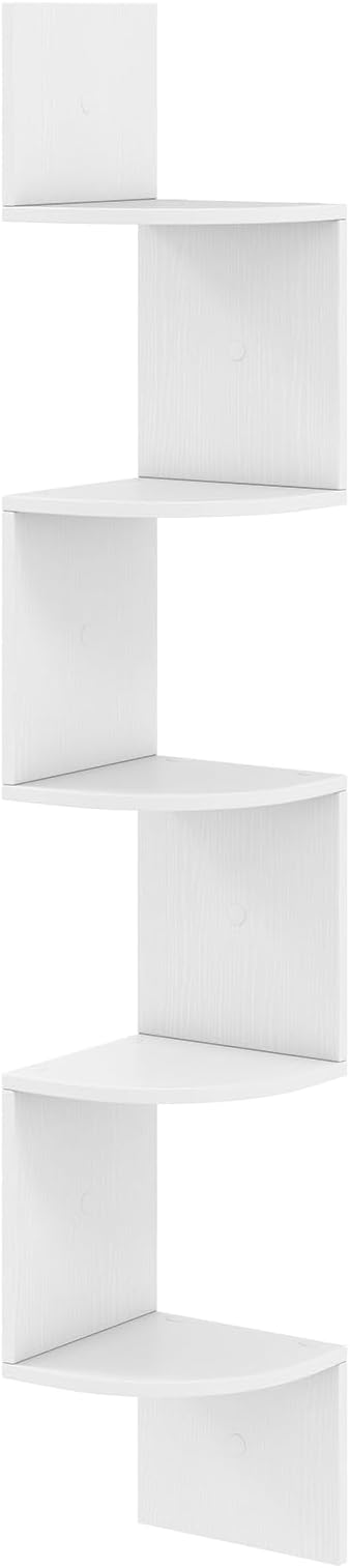 Corner Shelf Wall Mounted, 5-Tier Hanging Bookcase, Wood Storage Organizer, Modern Display Rack, Corner Floating Shelves for Bedroom, Living Room, Kitchen, Home Office (1, White)