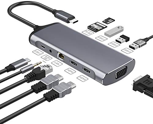 IZELL ドッキングステーション Type-C ハブ 11 in 1 USB C ハブ デュアルスクリーン マルチディスプレイ USB3.0 TypeC アダプター 4K 映像出力 3.5mmジャック HDMI SD MicroSD カードリーダー LANポート PD DP VGA ノートパソコン MacBook ChromeBook テレワーク 在宅