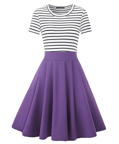 Image of BI.TENCON Women's Striped Pleated Casual A-Line Dresses Knee Length with Pockets
