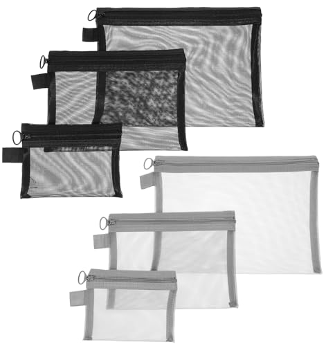 FRCTLNKG 6 Pcs Mesh Makeup Bag, 3 Sizes Mesh Cosmetic Bag for Travel Toiletry Storage, Small Zippered Organizer Pouches for Home Office (Black and Grey)
