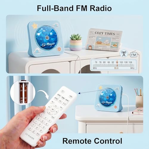 Image of Gueray CD Player Portable Bluetooth Desktop CD Player for Home with Timer Built-in HiFi Speakers with LCD Screen Display Boombox FM Radio USB Type-c (Blue)