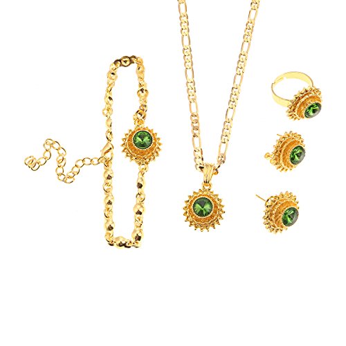 Flower Jewelry Set Ethiopian Gold Jewelry Sets Earrings Pendant Ring with Stone African Habesha Nigeria Jewelry (Green) Flower Jewelry Set Ethiopian Gold Jewelry Sets Earrings Pendant Ring with Stone African Habesha Nigeria Jewelry (Green)