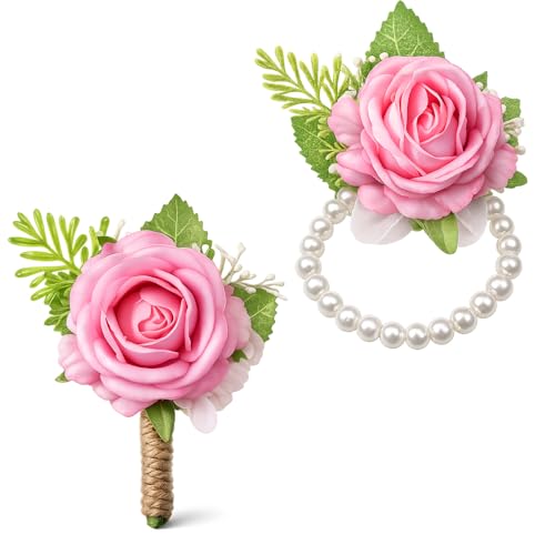 2 PCS Pink Rose Corsage and Boutonniere Set Artificial Rose Corsages Wristlet and Boutonniere Prom Wrist Shoulder Corsages Wedding Corsage Wristlet Dcor for Bride Groom Bridesmaids Groomsmen