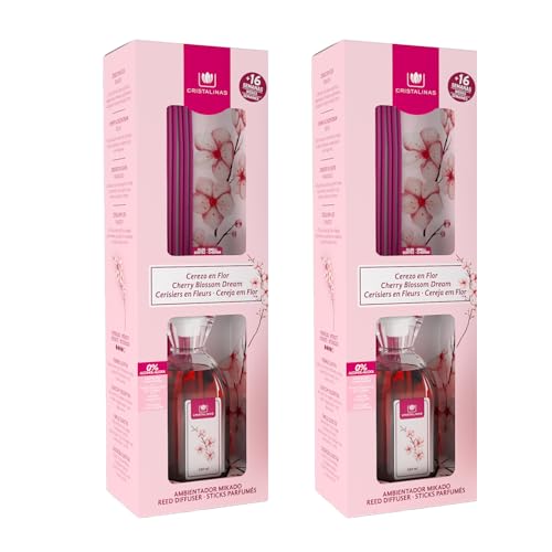 CRISTALINAS. Ambientador Mikado Clásico. Difusor con Varillas. Formula sin Alcohol. Máxima duración, más de 16 semanas. 180ml de Capacidad. Aroma Cerezo en Flor (2x180ml)
