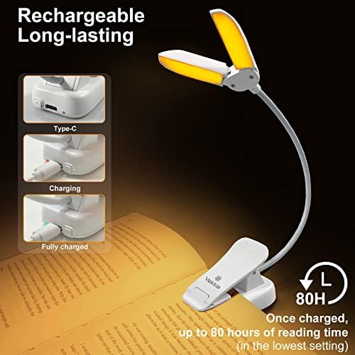 Vekkia 14 LED Rechargeable Amber Book Light for Reading at Night, Eye-Care Reading Light for Books in Bed, 180ยฐ Adjustable, Clip on Lamp, 3 Color Temperatures, Lightweight, Present for Reader