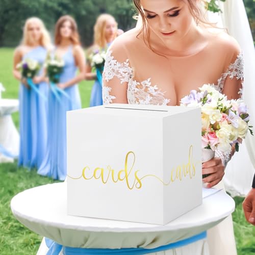 Image of Hooqict White Card Box with Slot 9.1 inch Gold Foil Gift Card Box Holder for Party, Graduation, Wedding Reception, Retirement Party Decorations, Raffle Ticket Money Envelope