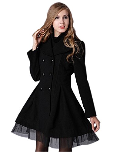 Image of Woman Slim Fit Double Breasted Lapel Trench Wool Coat Jacket (XXL(US L), Black)