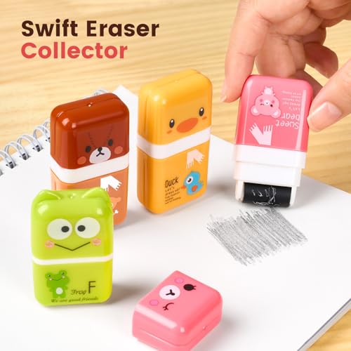 Sooez 12 Pack Pencil Erasers, Cute Erasers Pencil Eraser with Clean up Roller Pencil Eraser Shaving Roller Case Erasers for Party Favors Gift Supplies