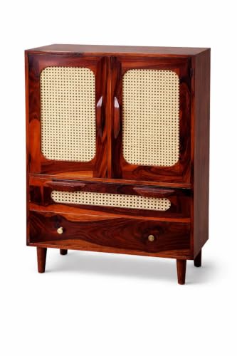 Image of Space Galaxy Sheesham Wood Chest of Drawer with Cane Rattan Doors | 2 Door 2 Drawer Wooden Sideboard & Cupboard Organizer | Tall Storage Furniture for Bedroom, Living Room & Home | Honey Oak Finish