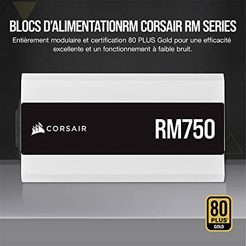 Corsair RM750 (2021), RM Series, 750 Watts 80 Plus Gold Alimentations ATX Entièrement Modulaires (Trois Connecteurs EPS12V, Fonctionnement Silencieux, Mode Zero RPM, Condensateurs 105 °C) Blanc