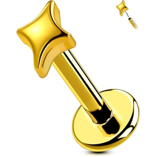 OUFER G23 Titanium Threadless Labret Studs – Flat Back Push Pin Earrings for Tragus, Helix, Monroe, Conch, Lip Piercing – 16G/18G, 6MM/8MM Gold-4Star 16g 6mm