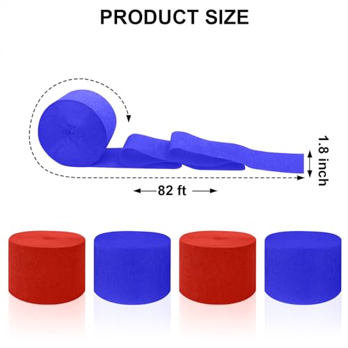 Image of 4 Crepe Paper Streamers Rolls, 328ft Pack of Red and Blue Crepe Paper for Birthday Graduation 4th of July Independence Day Baby Shower Wedding Party Decorations (1.8 inch x 82 ft /Roll)