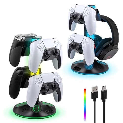 Tolesum Soporte para Auriculares RGB, con 10 Modos de Luz, Soporte para Controlador con 2 Puertos USB 2.0, Puerto de 3,5 mm y Transmisión y Carga de Datos Tipo C, para Controlador PS5 PS4 Xbox Series
