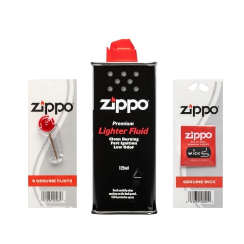 ZYBUX Zippo Lighter Fluid - 125ml Fuel Refill with Genuine Zippo Wick Windproof Fast Ignition Low Odour Easy Refill Nozzle Universal Fit for Clipper Lighters Gas Light - 6 Zippo Flints