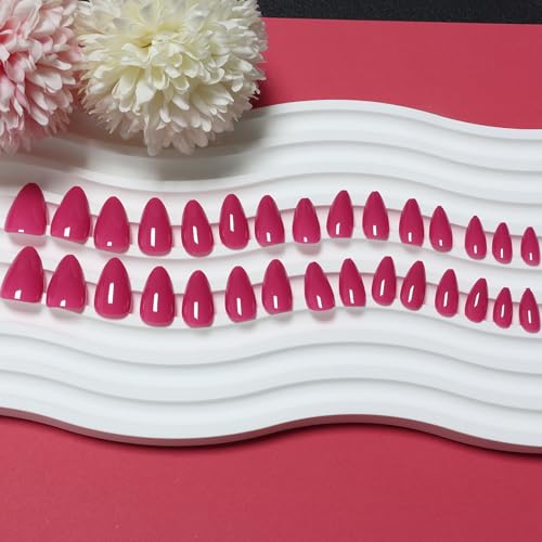 IQXGE Short Acrylic Press on Nails Almond False Fake Nails Press ons Full Cover Stick on Nail Rose Red Acrylic Fake Nail Glossy Artificial 24Pcs Reusable for Women — view 5